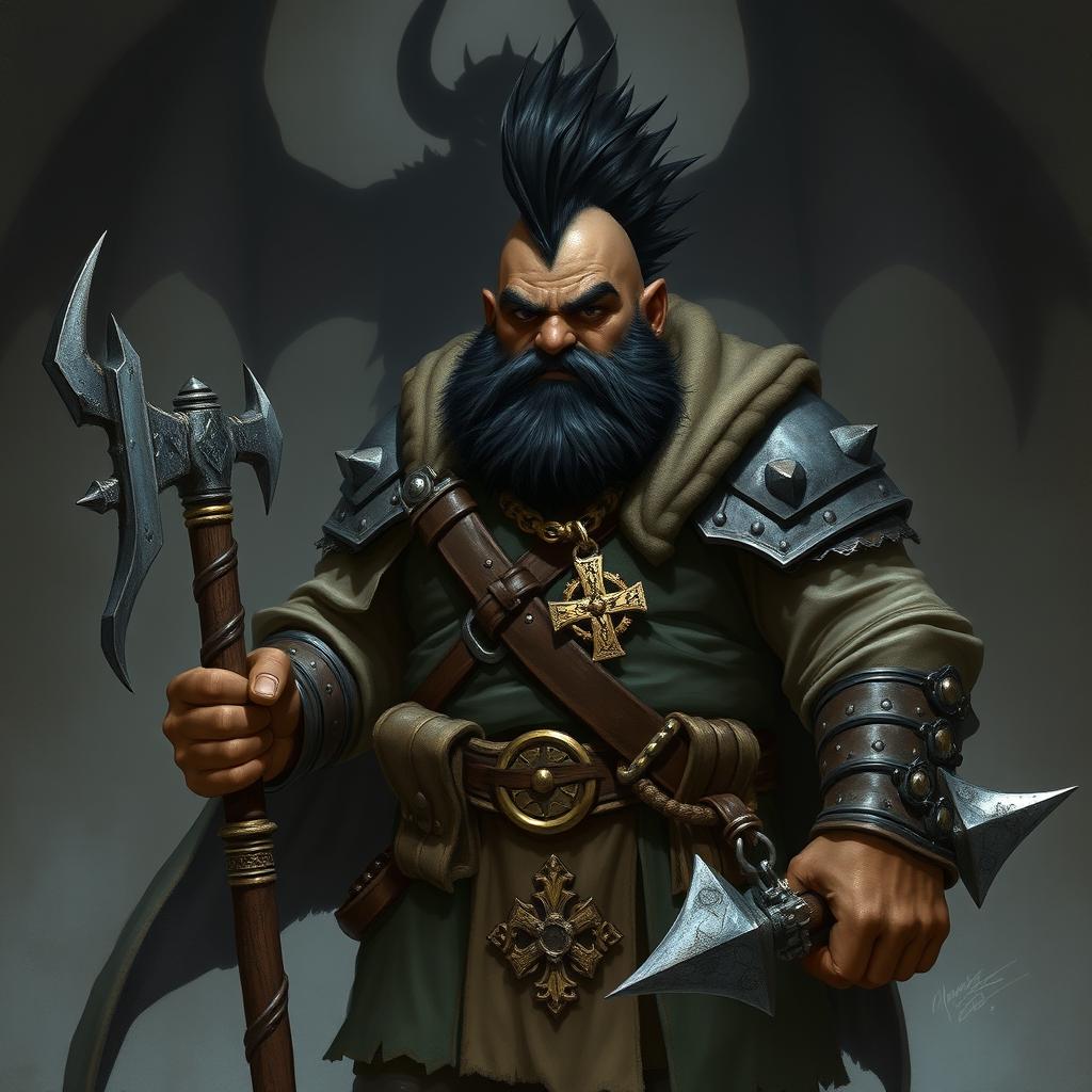 A Dungeons & Dragons dwarf cleric, aged 30, a bit portly with black skin, sporting a mohawk hairstyle of black hair and dark eyes