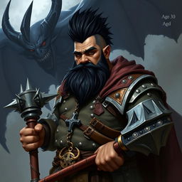 A Dungeons & Dragons dwarf cleric, aged 30, a bit portly with black skin, sporting a mohawk hairstyle of black hair and dark eyes