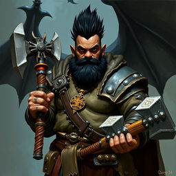 A Dungeons & Dragons dwarf cleric, aged 30, a bit portly with black skin, sporting a mohawk hairstyle of black hair and dark eyes