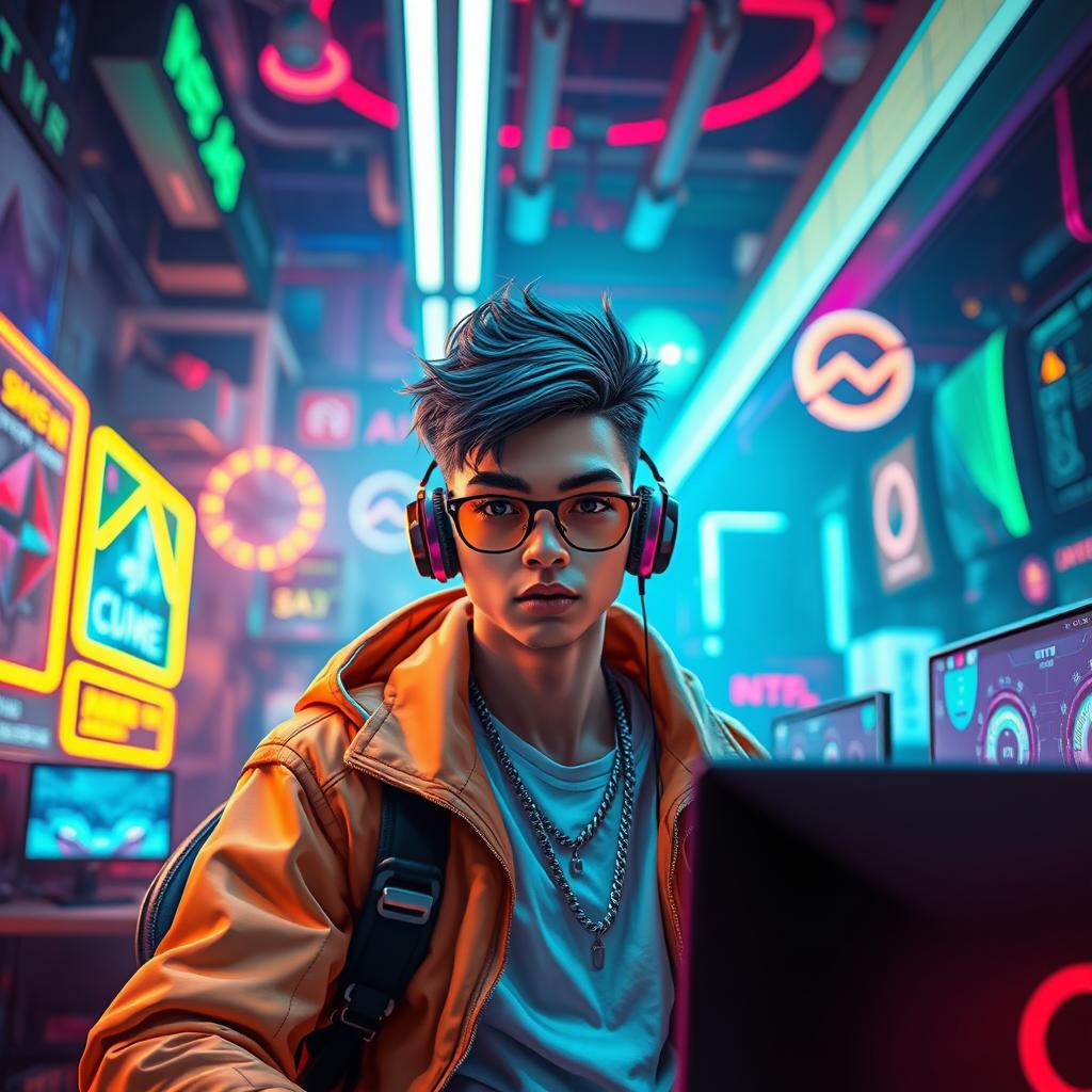 A stylish gaming scene featuring a vibrant, colorful background filled with high-tech gaming elements like neon lights, futuristic gadgets, and dynamic visual effects