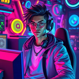 A stylish gaming scene featuring a vibrant, colorful background filled with high-tech gaming elements like neon lights, futuristic gadgets, and dynamic visual effects