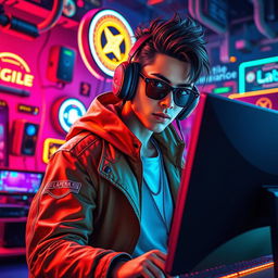 A stylish gaming scene featuring a vibrant, colorful background filled with high-tech gaming elements like neon lights, futuristic gadgets, and dynamic visual effects