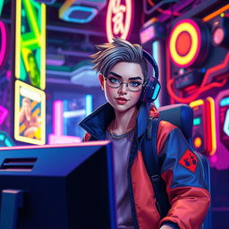 A stylish gaming scene featuring a vibrant, colorful background filled with high-tech gaming elements like neon lights, futuristic gadgets, and dynamic visual effects