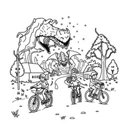 A coloring book illustration inspired by the show Stranger Things, featuring iconic elements such as the Upside Down, Demogorgon, and the kids on their bikes