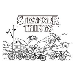 A coloring book illustration inspired by the show Stranger Things, featuring iconic elements such as the Upside Down, Demogorgon, and the kids on their bikes