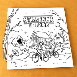 A coloring book illustration inspired by the show Stranger Things, featuring iconic elements such as the Upside Down, Demogorgon, and the kids on their bikes