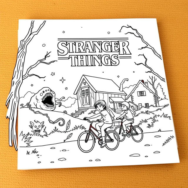 A coloring book illustration inspired by the show Stranger Things, featuring iconic elements such as the Upside Down, Demogorgon, and the kids on their bikes