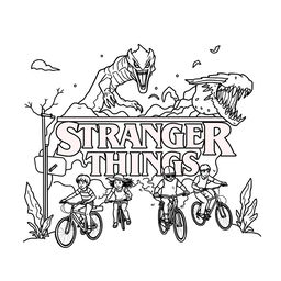 A coloring book illustration inspired by the show Stranger Things, featuring iconic elements such as the Upside Down, Demogorgon, and the kids on their bikes