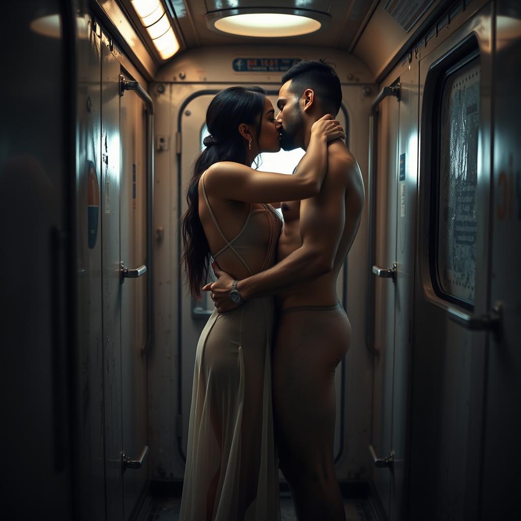 A hot sultry couple in a full-length photoshoot, featuring a beautiful 24-year-old Arab woman wearing a sheer, transparent dress, passionately engaged with a hot naked dusky man inside a gritty train toilet