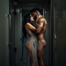 A hot sultry couple in a full-length photoshoot, featuring a beautiful 24-year-old Arab woman wearing a sheer, transparent dress, passionately engaged with a hot naked dusky man inside a gritty train toilet