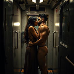 A hot sultry couple in a full-length photoshoot, featuring a beautiful 24-year-old Arab woman wearing a sheer, transparent dress, passionately engaged with a hot naked dusky man inside a gritty train toilet