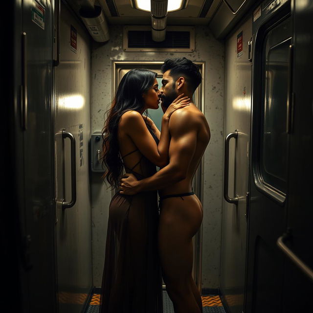 A hot sultry couple in a full-length photoshoot, featuring a beautiful 24-year-old Arab woman wearing a sheer, transparent dress, passionately engaged with a hot naked dusky man inside a gritty train toilet