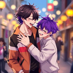A dynamic and emotive scene featuring two male characters representing Taekook, engaging in a close and playful interaction