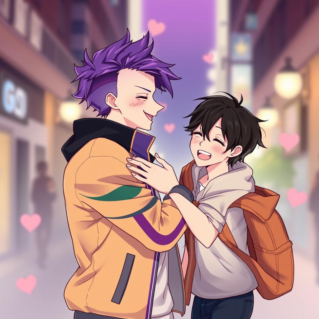 A dynamic and emotive scene featuring two male characters representing Taekook, engaging in a close and playful interaction