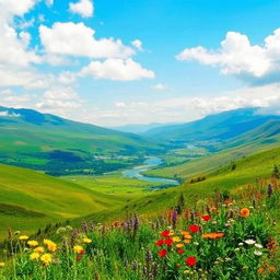 An expansive landscape showcasing a serene and lush valley, with rolling hills in the background and a clear blue sky dotted with fluffy white clouds