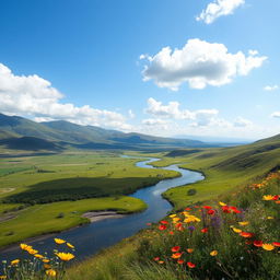 An expansive landscape showcasing a serene and lush valley, with rolling hills in the background and a clear blue sky dotted with fluffy white clouds
