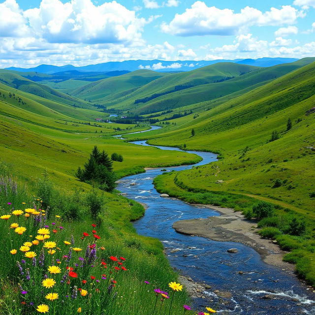 An expansive landscape showcasing a serene and lush valley, with rolling hills in the background and a clear blue sky dotted with fluffy white clouds