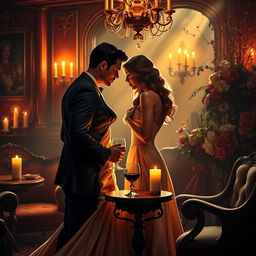 A luxurious and intimate setting depicting a romantic scene between an alluring couple, bathed in soft candlelight
