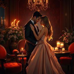 A luxurious and intimate setting depicting a romantic scene between an alluring couple, bathed in soft candlelight