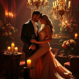 A luxurious and intimate setting depicting a romantic scene between an alluring couple, bathed in soft candlelight