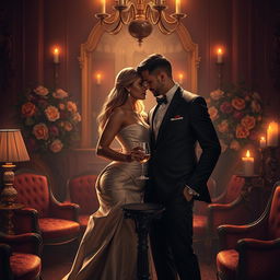 A luxurious and intimate setting depicting a romantic scene between an alluring couple, bathed in soft candlelight