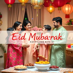 A cheerful family of four, consisting of two adults and two children, celebrating Eid Mubarak