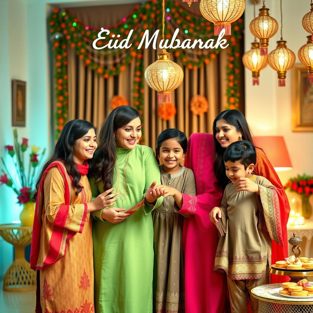 A cheerful family of four, consisting of two adults and two children, celebrating Eid Mubarak
