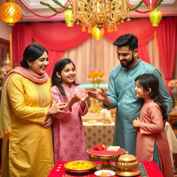 A cheerful family of four, consisting of two adults and two children, celebrating Eid Mubarak