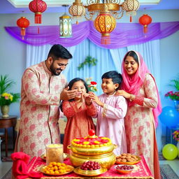 A cheerful family of four, consisting of two adults and two children, celebrating Eid Mubarak