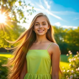A beautiful 18-year-old girl with long flowing hair, wearing a stylish summer dress, standing in a lush green park during golden hour