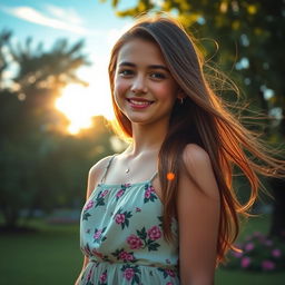 A beautiful 18-year-old girl with long flowing hair, wearing a stylish summer dress, standing in a lush green park during golden hour