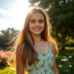 A beautiful 18-year-old girl with long flowing hair, wearing a stylish summer dress, standing in a lush green park during golden hour