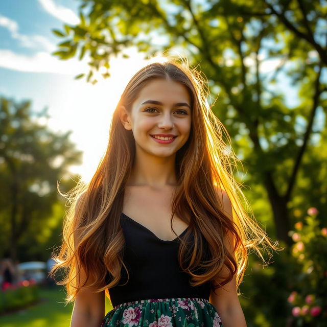 A beautiful 18-year-old girl with long flowing hair, wearing a stylish summer dress, standing in a lush green park during golden hour