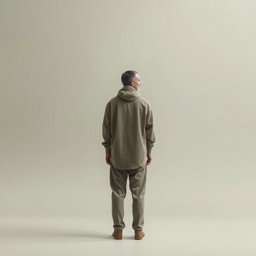 A solitary figure dressed in a cement-colored outfit standing in a serene, minimalist environment