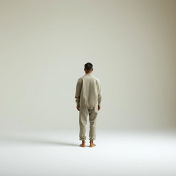 A solitary figure dressed in a cement-colored outfit standing in a serene, minimalist environment