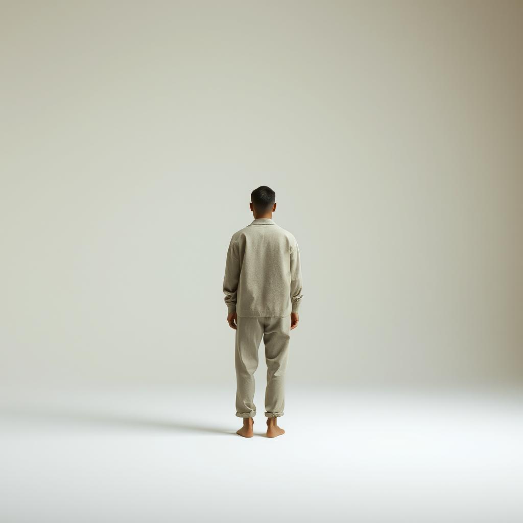 A solitary figure dressed in a cement-colored outfit standing in a serene, minimalist environment