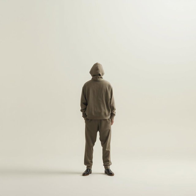 A solitary figure dressed in a cement-colored outfit standing in a serene, minimalist environment