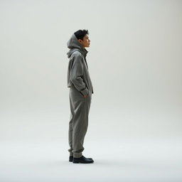 A solitary figure dressed in a cement-colored outfit standing in a serene, minimalist environment