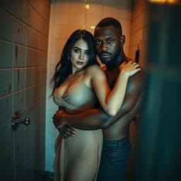 A sultry couple's full-length photoshoot depicting a beautiful, confident 24-year-old Arab woman wearing a sheer, transparent dress that tastefully drapes her body, showcasing her elegance and allure