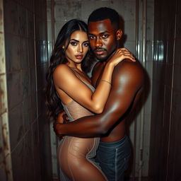 A sultry couple's full-length photoshoot depicting a beautiful, confident 24-year-old Arab woman wearing a sheer, transparent dress that tastefully drapes her body, showcasing her elegance and allure