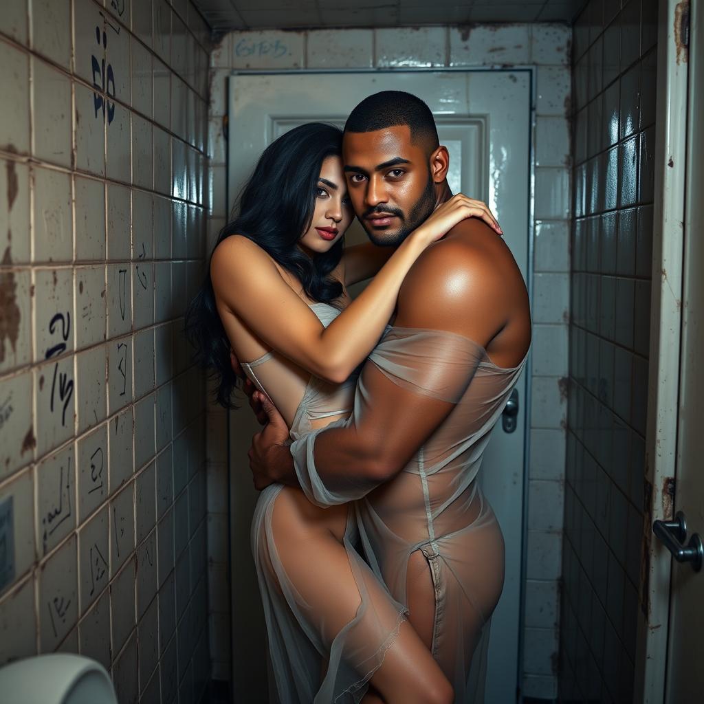 A sultry couple's full-length photoshoot depicting a beautiful, confident 24-year-old Arab woman wearing a sheer, transparent dress that tastefully drapes her body, showcasing her elegance and allure