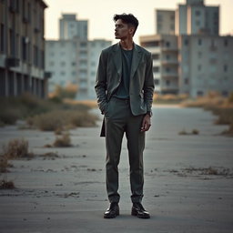 A solitary figure dressed in a cement-colored outfit stands in an empty, desolate urban landscape