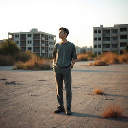 A solitary figure dressed in a cement-colored outfit stands in an empty, desolate urban landscape