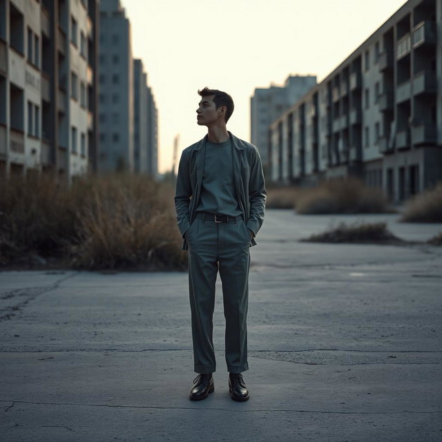 A solitary figure dressed in a cement-colored outfit stands in an empty, desolate urban landscape