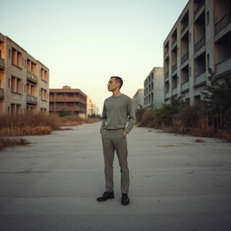 A solitary figure dressed in a cement-colored outfit stands in an empty, desolate urban landscape