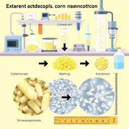 A detailed scientific illustration depicting the extraction process of silica nanoparticles from corncob ash