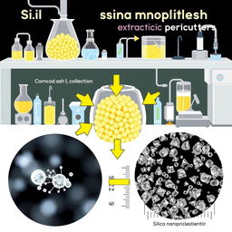 A detailed scientific illustration depicting the extraction process of silica nanoparticles from corncob ash