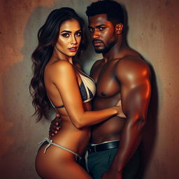 A hot, sultry couple in a passionate embrace in a full-length photoshoot