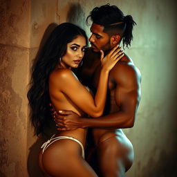 A hot, sultry couple in a passionate embrace in a full-length photoshoot