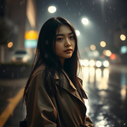 A young woman standing in the rain at night, illuminated by soft streetlights